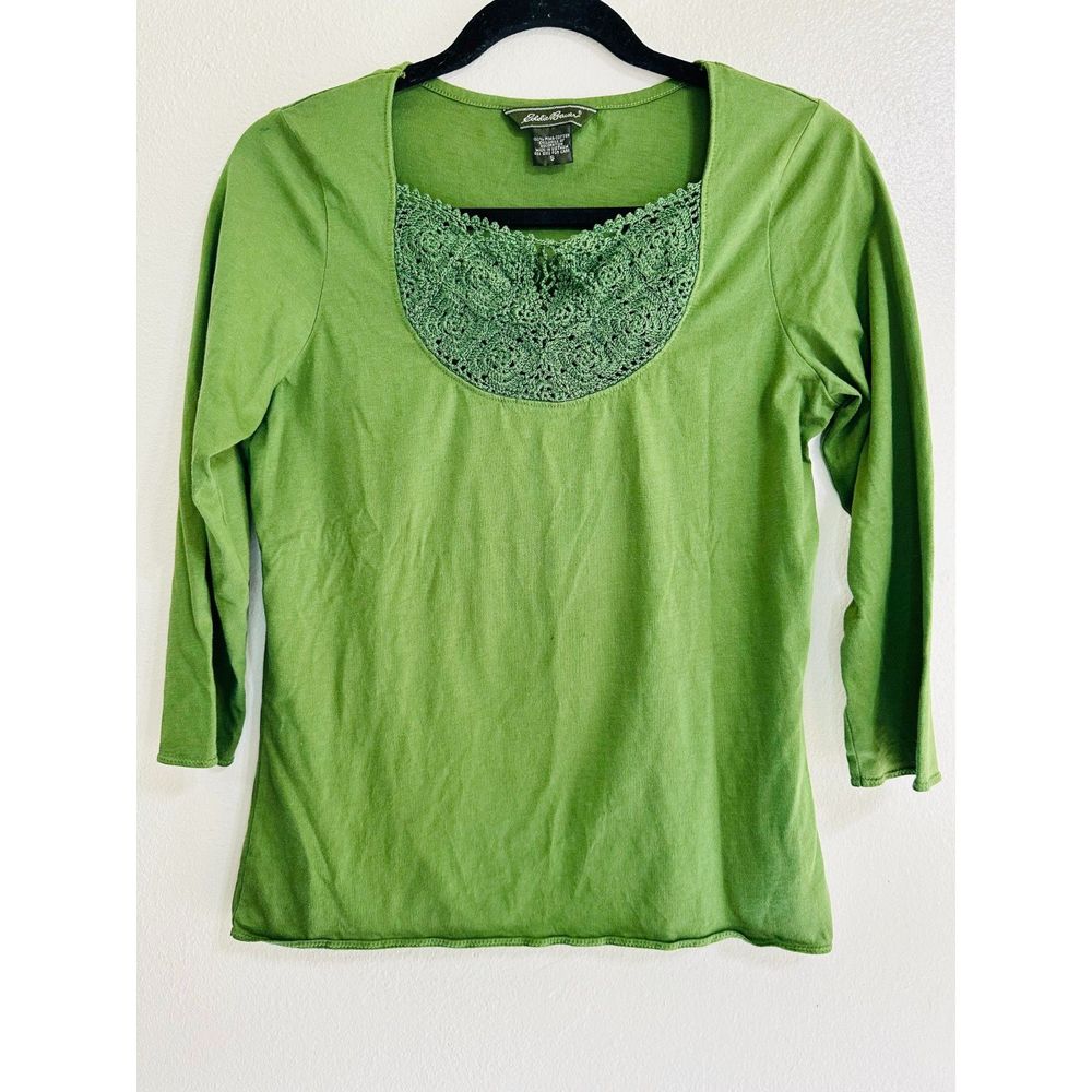 Eddie Bauer Casual Pima Cotton Embroidered Neckline 3/4 Sleeve Top, Size S